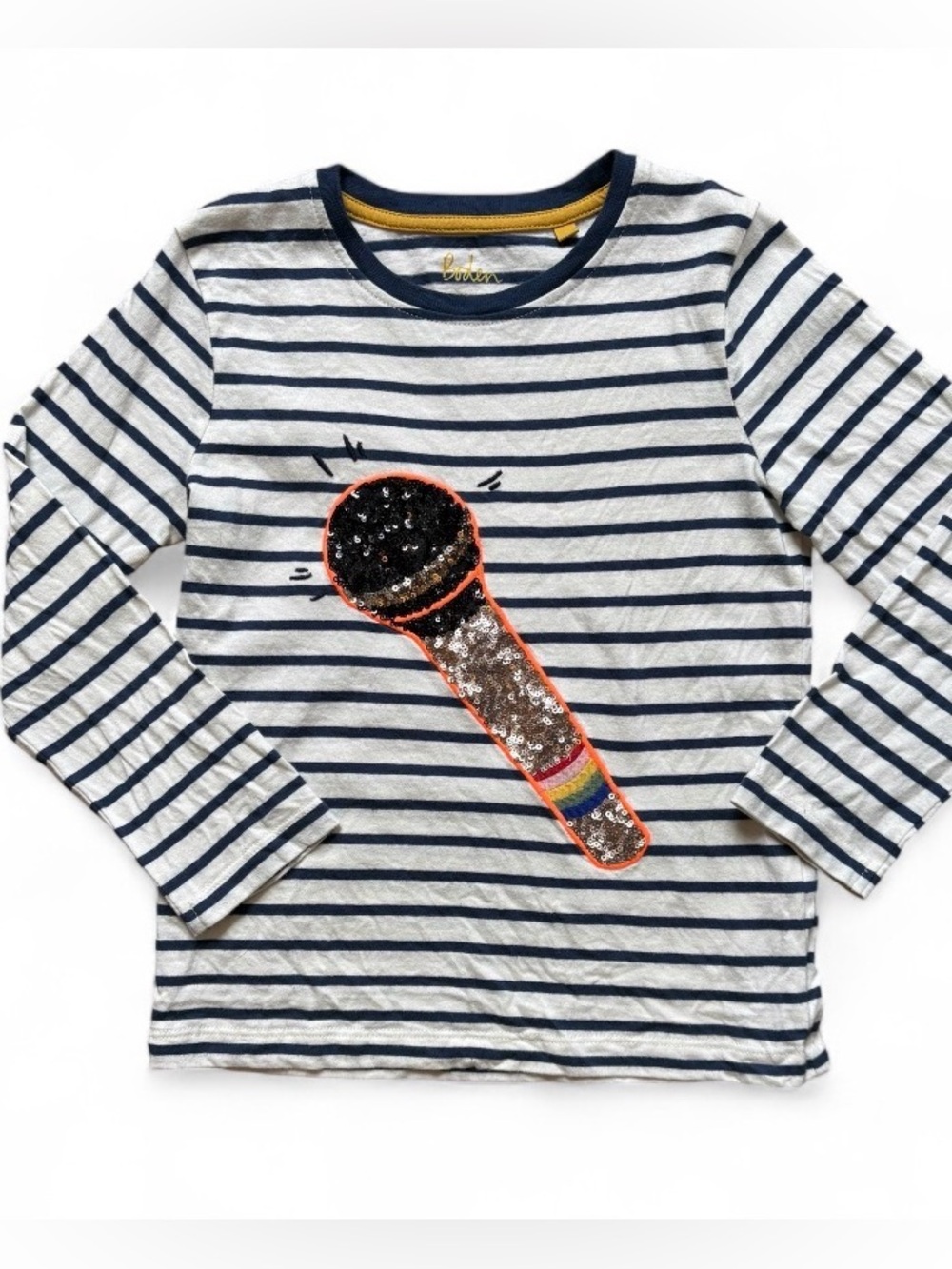 Boden | Navy & White Stripe Long-Sleeve Top with Sequin Microphone | 5-6